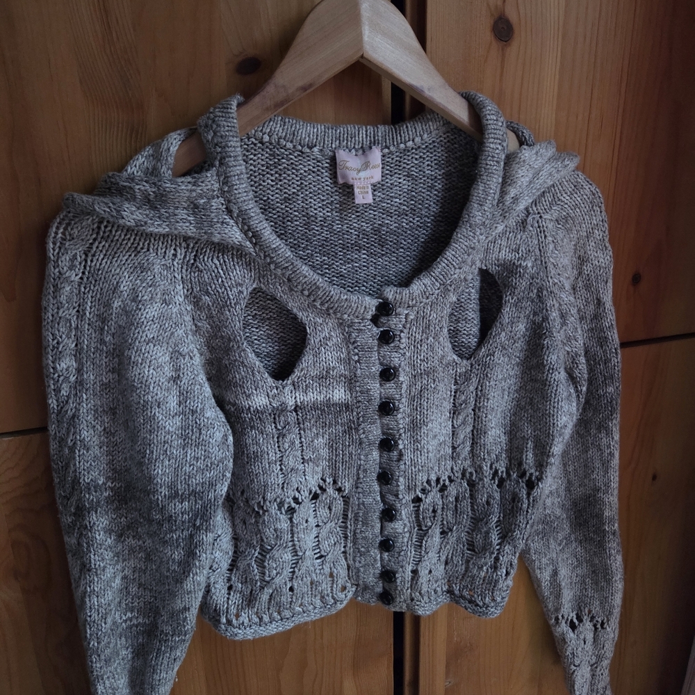 Tracy Reese NY Grey Marled Cotton Cable Knit Cropped Cardigan Size L